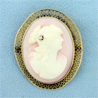 Vintage Diamond Cameo Pin in 10K Yellow Gold