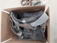 box of tool belts, nail pouches and miscellaneous