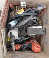box with B&D electric drill, bungee straps. misc