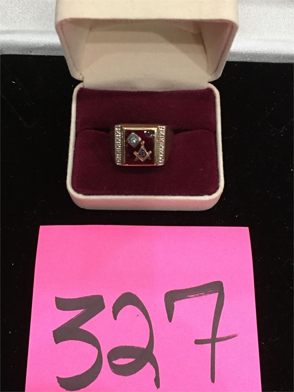 10K Gold Masonic Ring- Red Stone w/ Diamonds