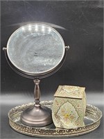 (3) Vanity: Tray, Mirror, & Brass Box