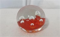 Hand-Blown Orange Bubble Glass Paperweight