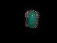 Blue-Green Turquoise and Silver Ring