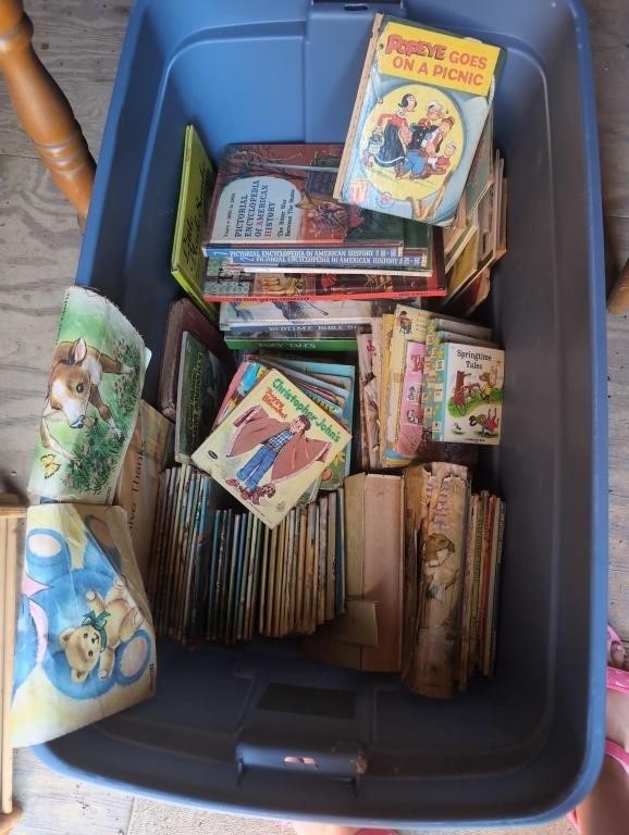 Tote of vintage kids books including 2 cloth baby