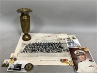 Trench Art Brass Vase, Military Photos, & Pins