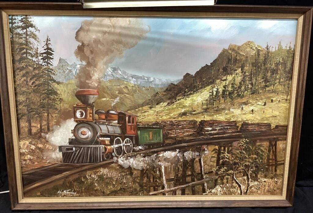 OIL ON CANVAS LOCOMOTIVE PAINTING BY N. STANLEY