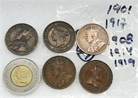 5 pièces GROS SOUS CANADA 1901-1908-1914-1917-1919