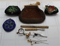 Assorted leather and beaded purses & hat pins