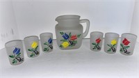 Frosted hand painted glass pitcher w/ (6) small