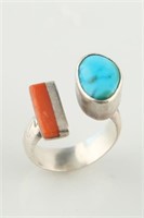 Sterling Silver, Turquoise, Coral Ring
