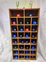 Wood display with mini baseball helmets