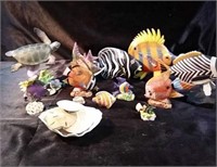 Assorted marine life sculptures, turtle, shell