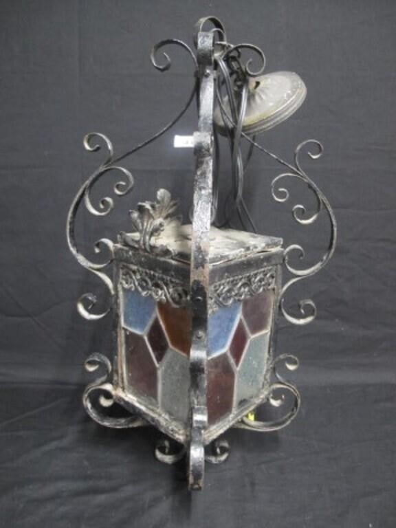LATE 1800'S STAIN GLASS LIGHT HANGING NOW ELECTRIC