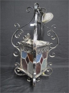 LATE 1800'S STAIN GLASS LIGHT HANGING NOW ELECTRIC