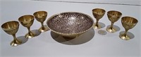 Ornate Brass Bowl W/ 6 Brass Goblets