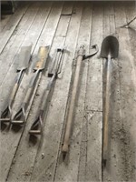 Tile shovels, log roller, sand shovel