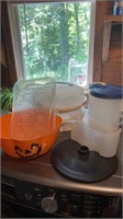 Plastic ware, pitcher, snack trays, bowls, misc