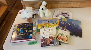 Children’s books and stuffed animals.