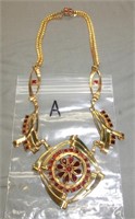 A-  Art Deco ornate costume necklace w/red stones