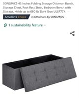 NEW 43" Ottoman Bench w/ Storage, Dark Grey