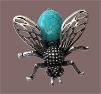 VTG BLUE CYAN TURQUOISE LARGE SILVER BEE BROOCH