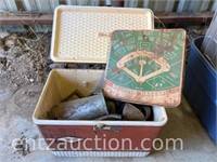 VINTAGE METAL COLEMAN ICE CHEST, METAL CANS/