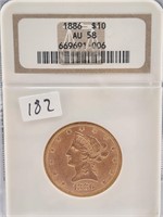 1886 $10 Gold Liberty NGC AU58