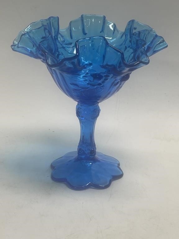 Fenton Glass Embossed Rose Colonial Blue Comport