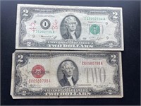 (2) 2$ Bills 1928 Red Seal & Bi Centennial