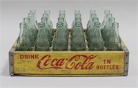 COCA-COLA YELLOW WOODEN CARRIER TRAY WITH BOTTLES