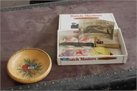 CIGAR BOX FILLED WITH MISC VINTAGE ITEMS