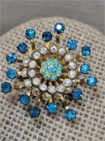 Aqua & Clear Rhinestone Starburst Brooch