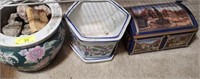 GROUP OF ASSORTED PLANTERS, ROCKS, COLLECTOR TIN