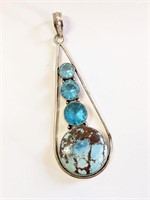 .925 Turquoise and Blue Topaz Pendant  3"