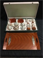 Japanese Sake Set in Box w/ Inlaid Serving Tray