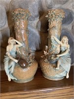 Two vintage vases with women figurines.  16”