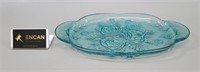 Aqua Blue Pressed Glass Floral Tray w/Handles