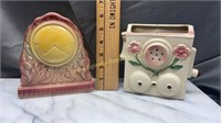 2 pottery wall pockets- clock and phone