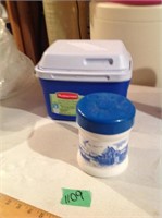 rubbermaid cooler, & jar w/blue lid