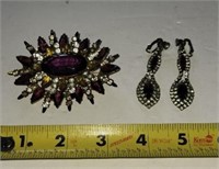 Vintage Amethyst Rhinestone Brooch & earrings.