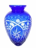 (1) Vintage Cobalt Blue Cut To Clear Vase