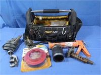 Tool Bag w/Contents, Wire Brush, Caulking Gun,