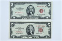 (2) Series 1953 $2.00 Red Seal Notes - Circulated