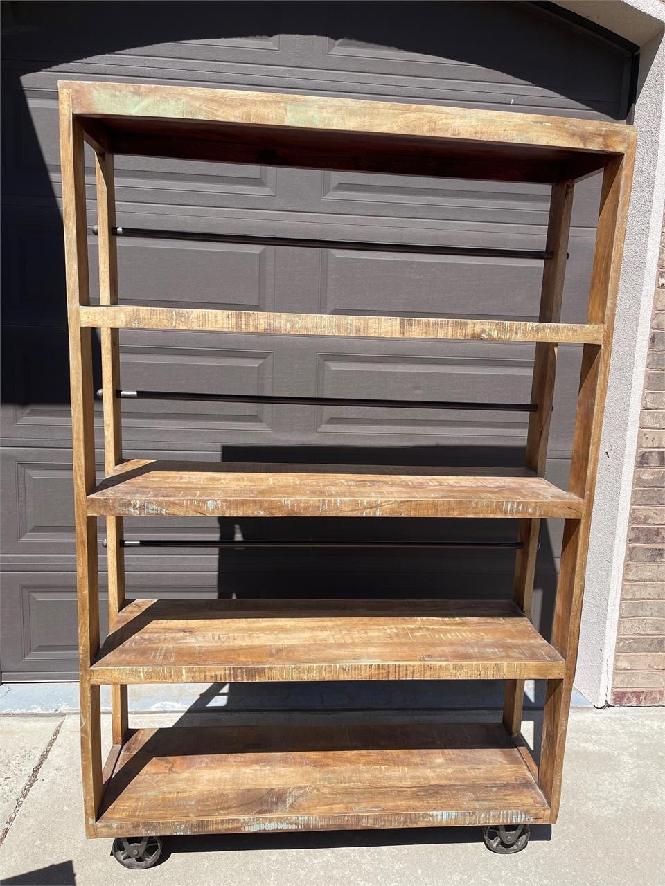 RUSTIC INDUSTRIAL SOLID WOOD ROLLING BOOKCASE