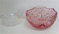 Vtg Pink Glass Bowl, Footed Clear Glass Bowl 2pcs
