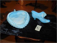 (2) Pieces of Fenton type Blue Marble Slag Glass