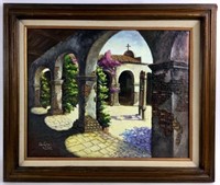 Sanchez Cozar Oil On Board Villa Courtyard