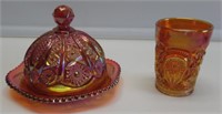 AMBERINA COVERED BUTTER & CARNIVAL TUMBLER. VERY
