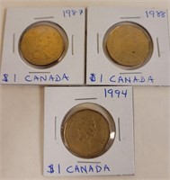 1987, 1988, & 1994 Canadian One Dollar Coins