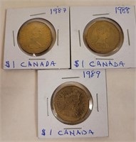 1987, 1988, & 1989 Canadian One Dollar Coins